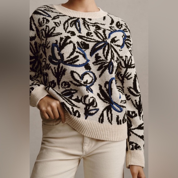 By Anthropologie Floral Pop Embroidered Wool Blend Sweater Size S - Blue - NWOT‎ - Picture 1 of 16